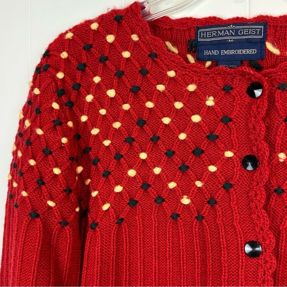 Vintage Herman Geist 100% Wool Red Brown Tan Hand Embroidered Cardigan Size M - Picture 4 of 13